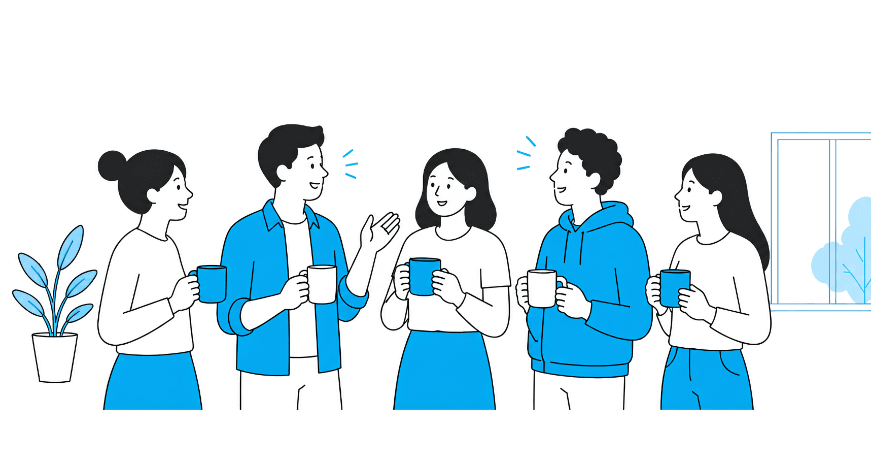 コーヒーを片手に話し合うメンバーのイラスト